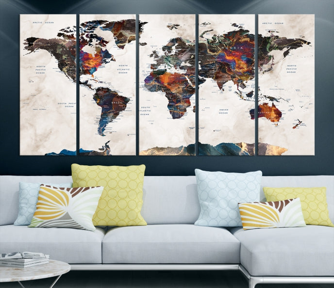 Modern World Map Print on Canvas Wall Art