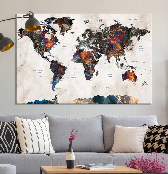 Modern World Map Print on Canvas Wall Art