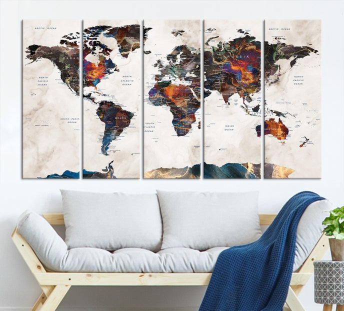 Modern World Map Print on Canvas Wall Art