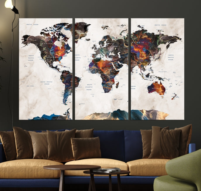 Modern World Map Print on Canvas Wall Art