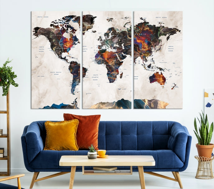 Modern World Map Print on Canvas Wall Art