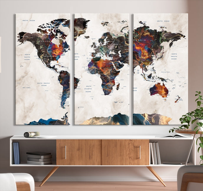 Modern World Map Print on Canvas Wall Art