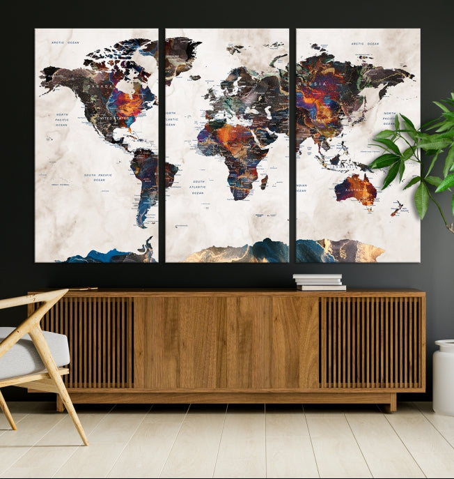 Modern World Map Print on Canvas Wall Art