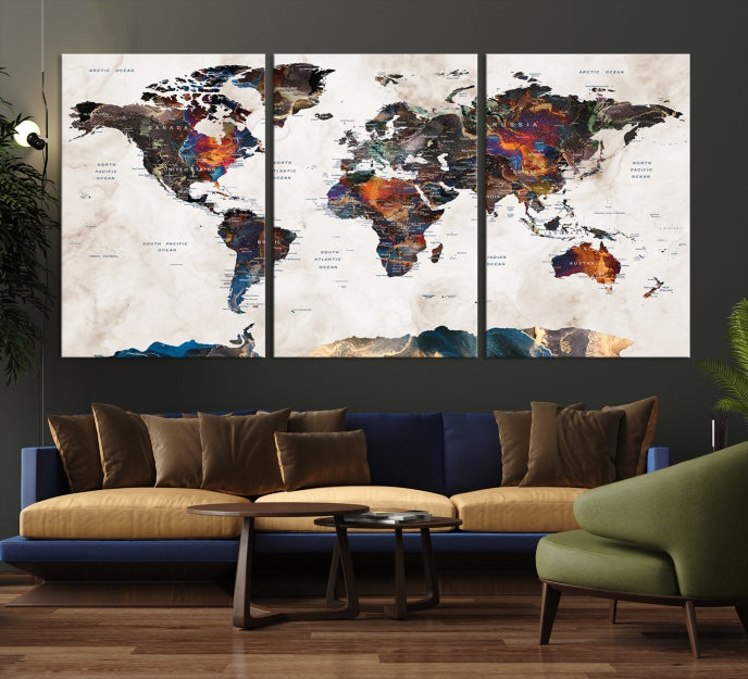 Modern World Map Print on Canvas Wall Art