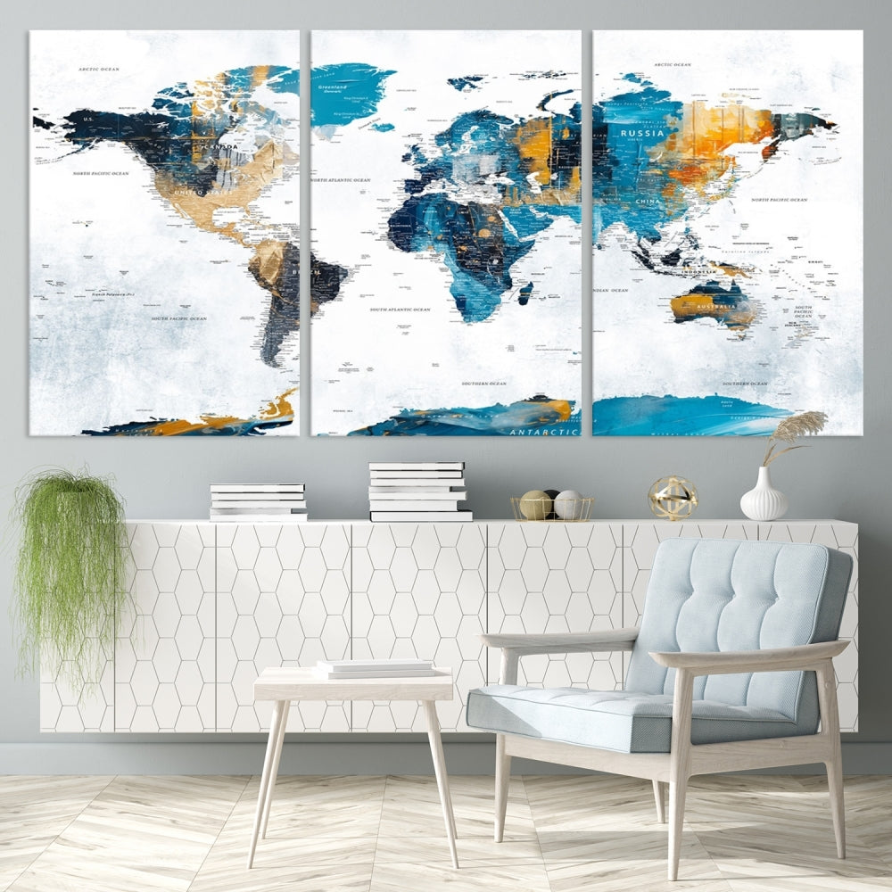 Modern World Map Push Pin Canvas Print Extra Large Adventure Travel Map Wall Art Framed