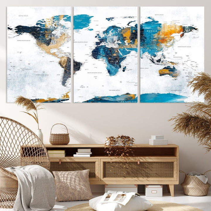 Modern World Map Push Pin Canvas Print Extra Large Adventure Travel Map Wall Art Framed