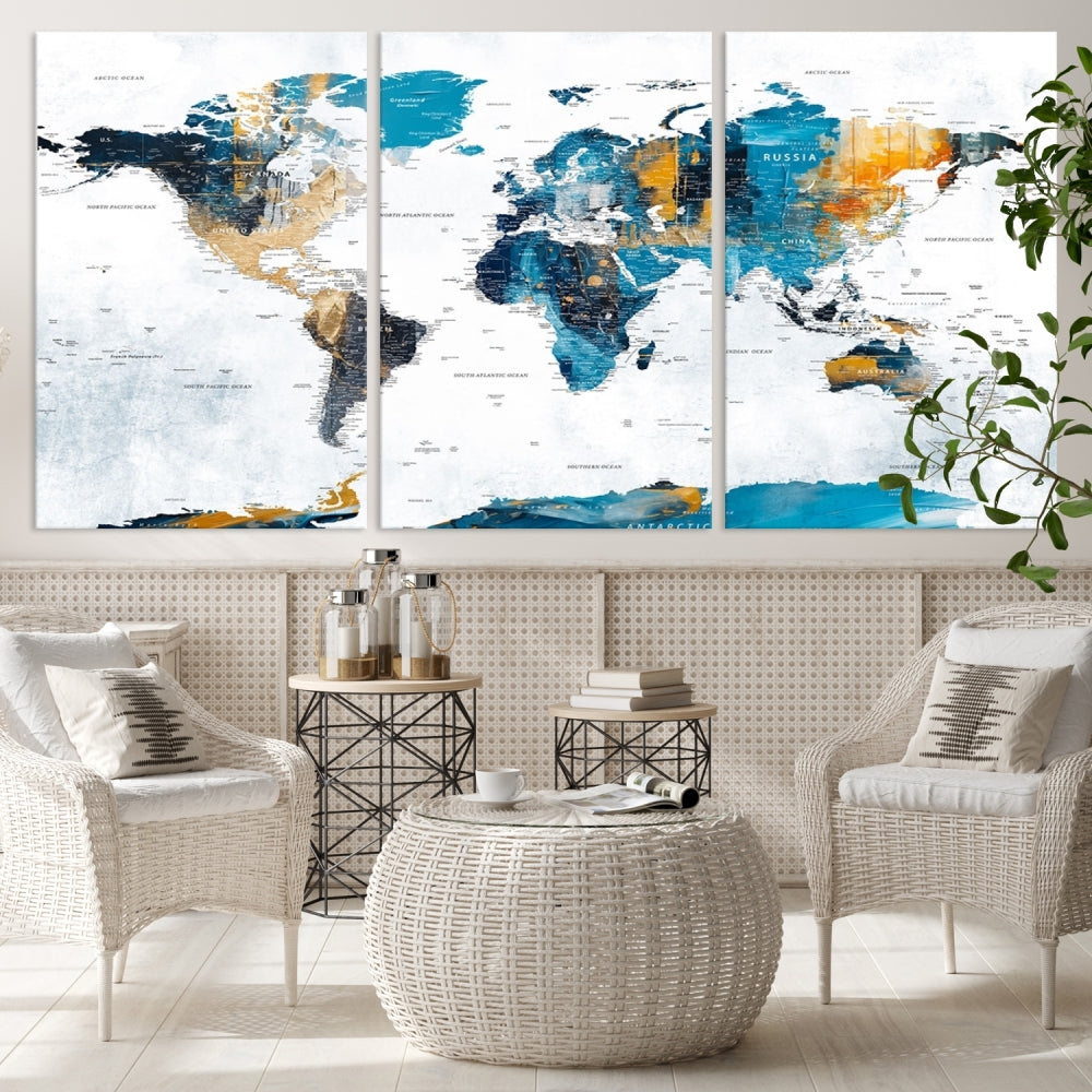 Modern World Map Push Pin Canvas Print Extra Large Adventure Travel Map Wall Art Framed