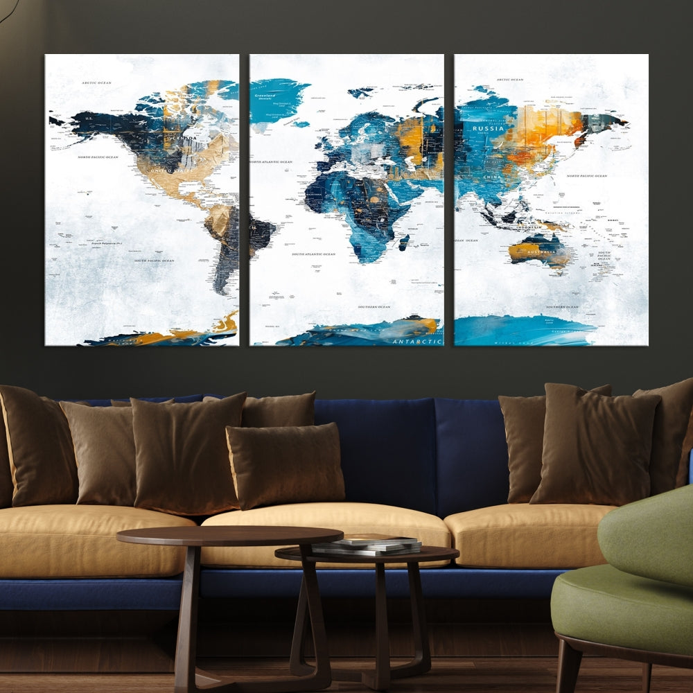 Modern World Map Push Pin Canvas Print Extra Large Adventure Travel Map Wall Art Framed