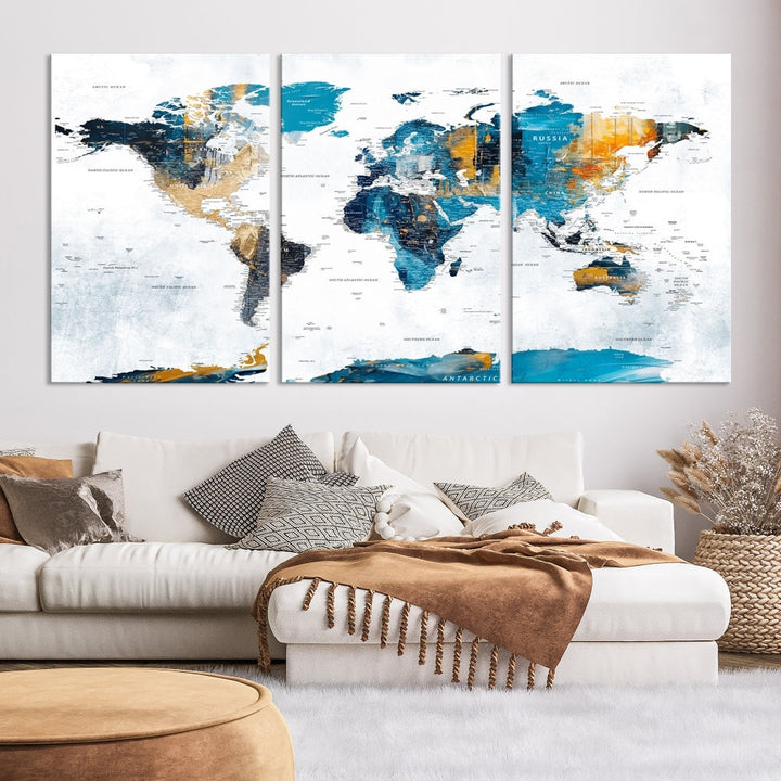 Modern World Map Push Pin Canvas Print Extra Large Adventure Travel Map Wall Art Framed