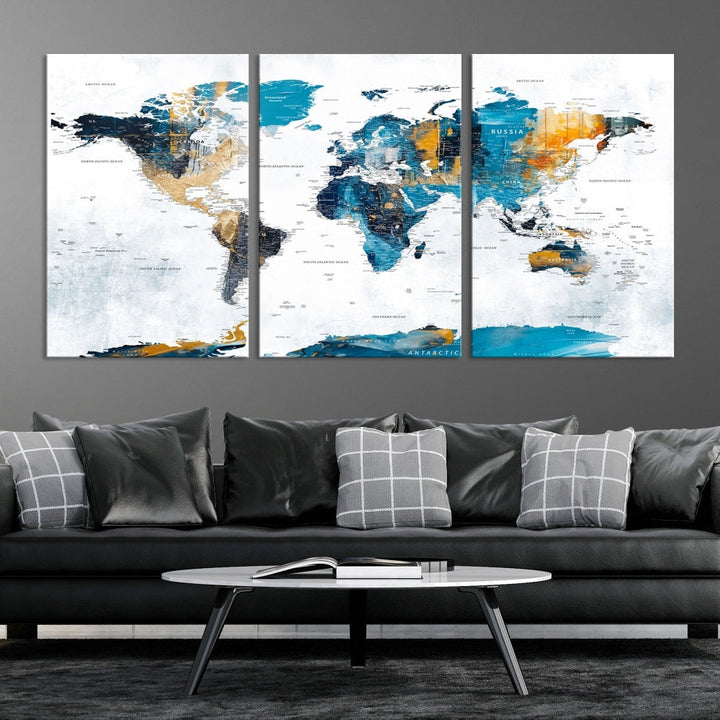 Modern World Map Push Pin Canvas Print Extra Large Adventure Travel Map Wall Art Framed