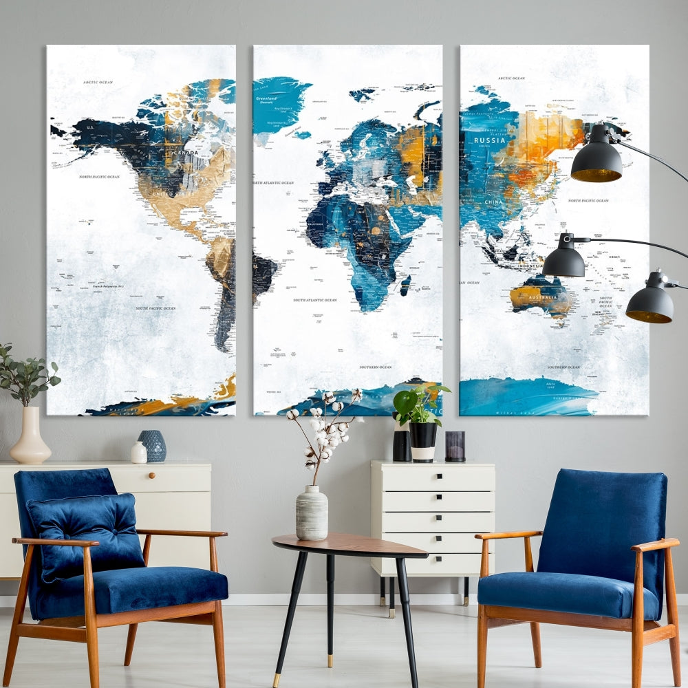 Modern World Map Push Pin Canvas Print Extra Large Adventure Travel Map Wall Art Framed