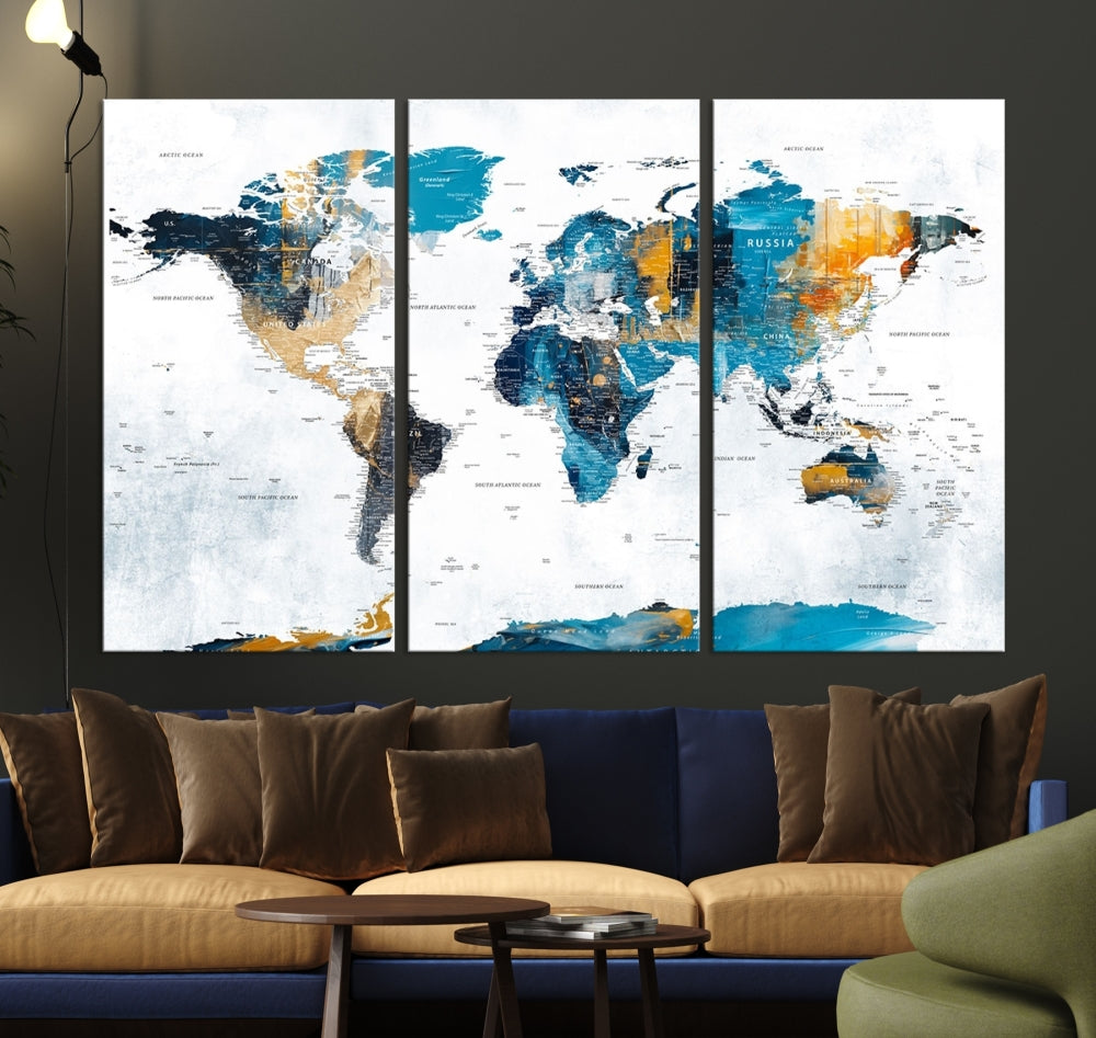 Modern World Map Push Pin Canvas Print Extra Large Adventure Travel Map Wall Art Framed