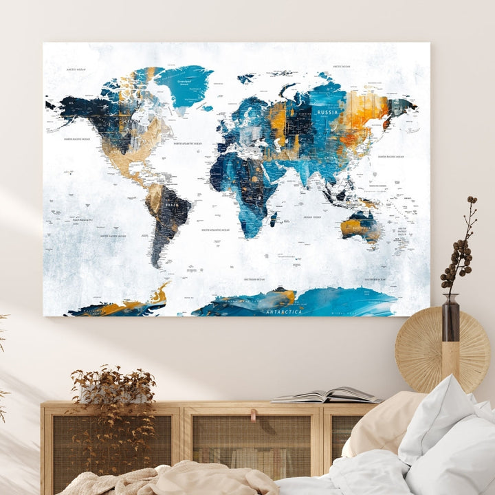 Modern World Map Push Pin Canvas Print Extra Large Adventure Travel Map Wall Art Framed