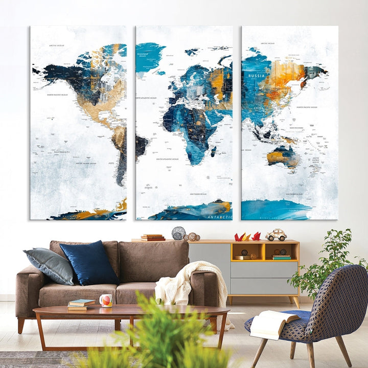 Modern World Map Push Pin Canvas Print Extra Large Adventure Travel Map Wall Art Framed