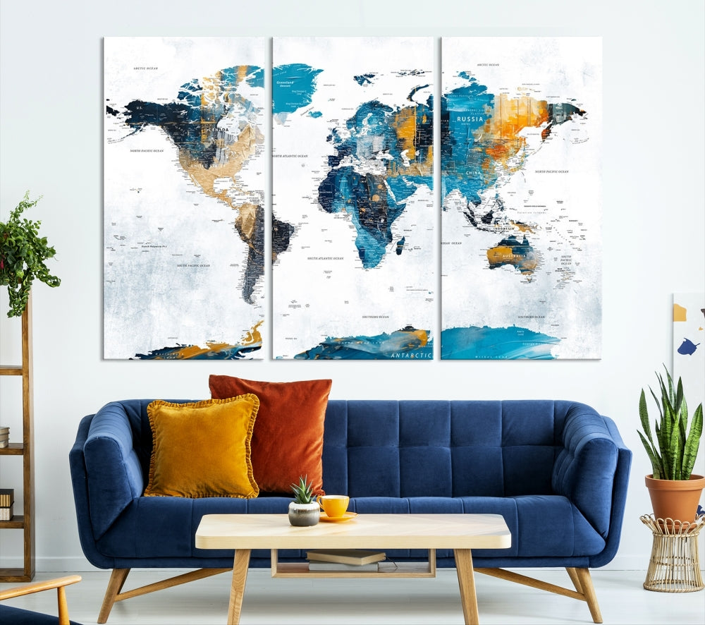 Modern World Map Push Pin Canvas Print Extra Large Adventure Travel Map Wall Art Framed