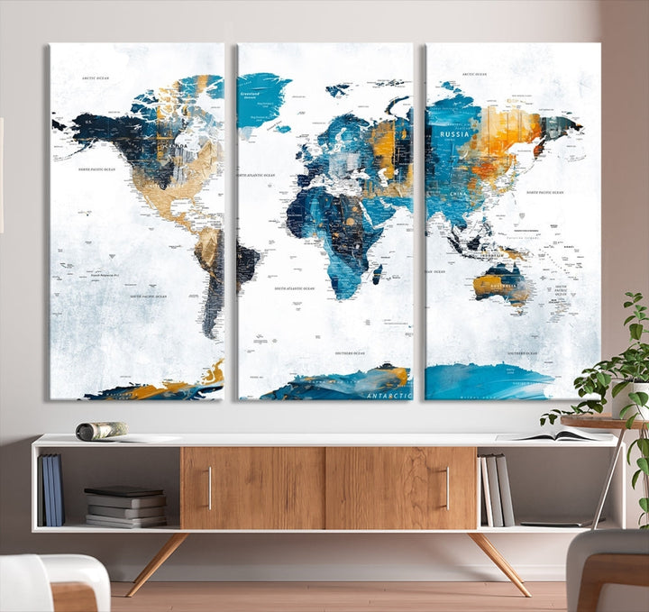 Modern World Map Push Pin Canvas Print Extra Large Adventure Travel Map Wall Art Framed