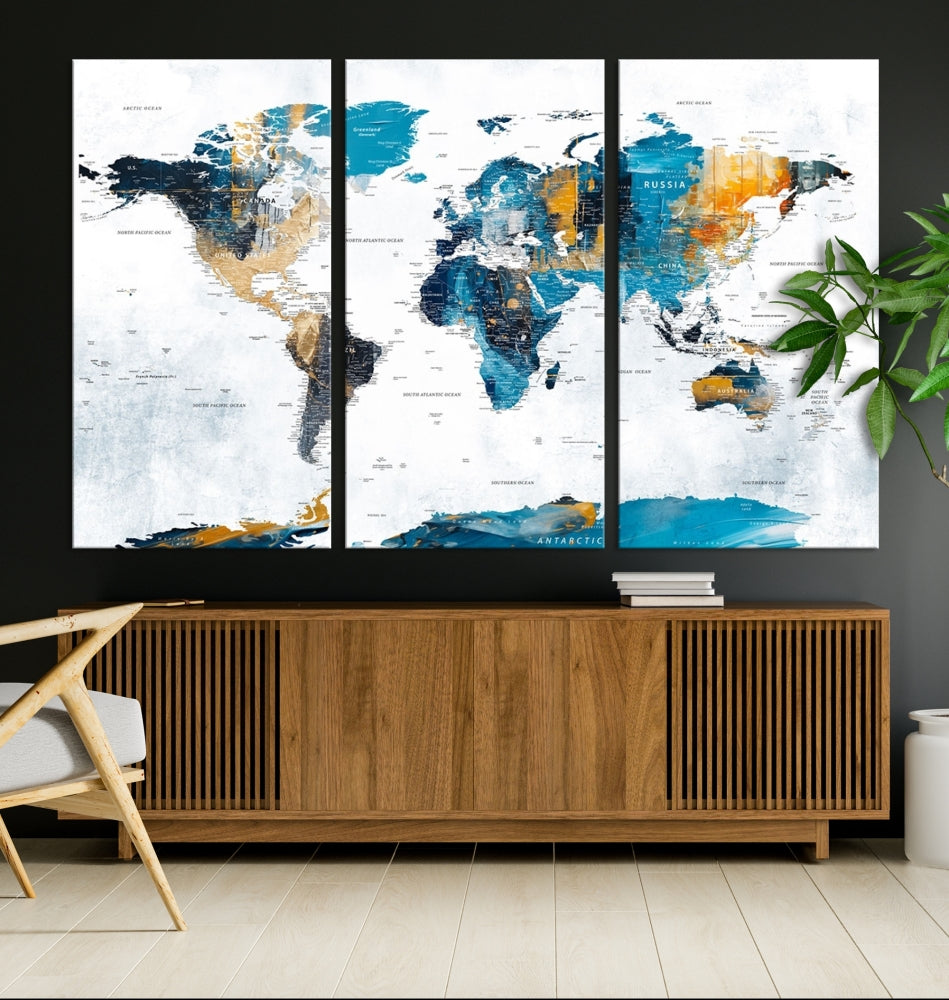 Modern World Map Push Pin Canvas Print Extra Large Adventure Travel Map Wall Art Framed