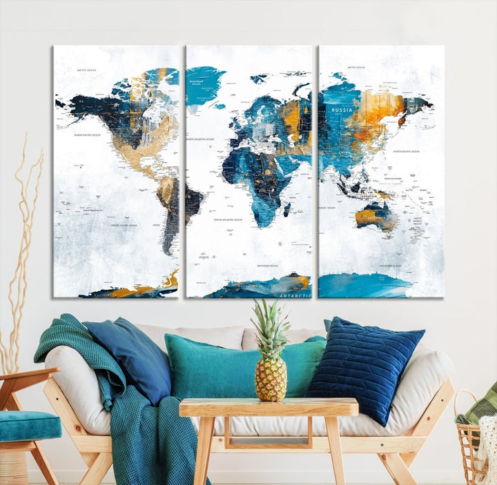 Modern World Map Push Pin Canvas Print Extra Large Adventure Travel Map Wall Art Framed