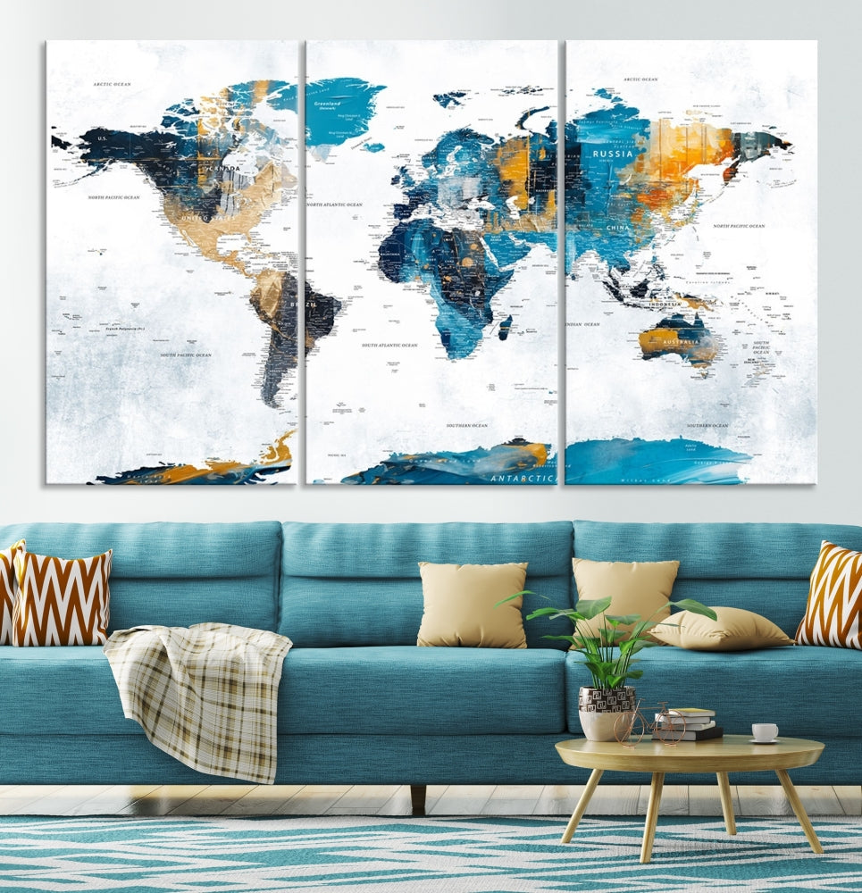 Modern World Map Push Pin Canvas Print Extra Large Adventure Travel Map Wall Art Framed