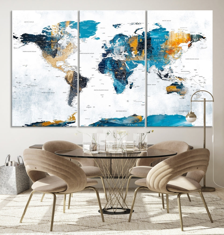 Modern World Map Push Pin Canvas Print Extra Large Adventure Travel Map Wall Art Framed