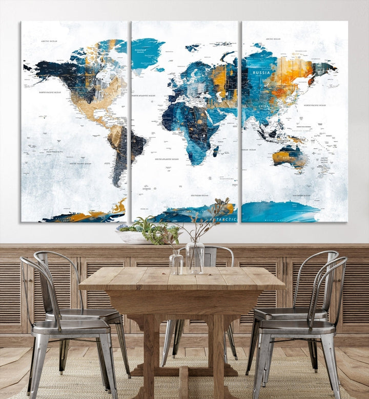 Modern World Map Push Pin Canvas Print Extra Large Adventure Travel Map Wall Art Framed