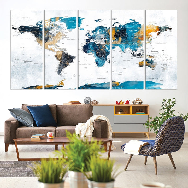 Modern World Map Push Pin Canvas Print Extra Large Adventure Travel Map Wall Art Framed