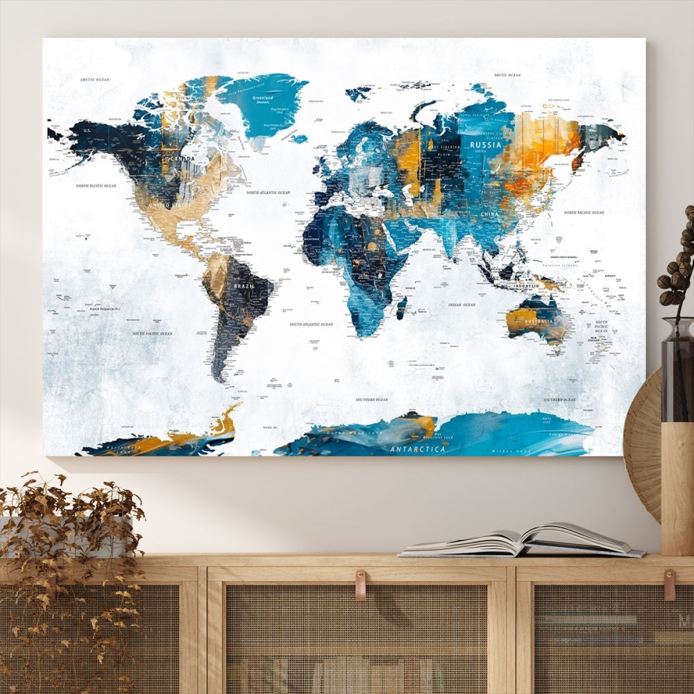 Modern World Map Push Pin Canvas Print Extra Large Adventure Travel Map Wall Art Framed