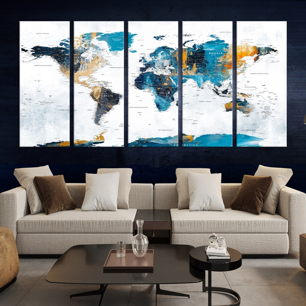 Modern World Map Push Pin Canvas Print Extra Large Adventure Travel Map Wall Art Framed