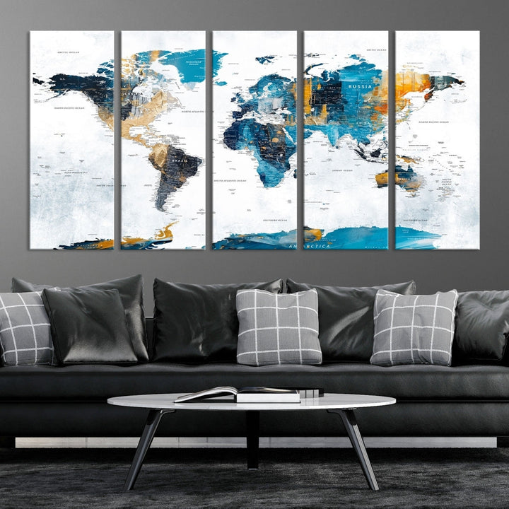 Modern World Map Push Pin Canvas Print Extra Large Adventure Travel Map Wall Art Framed