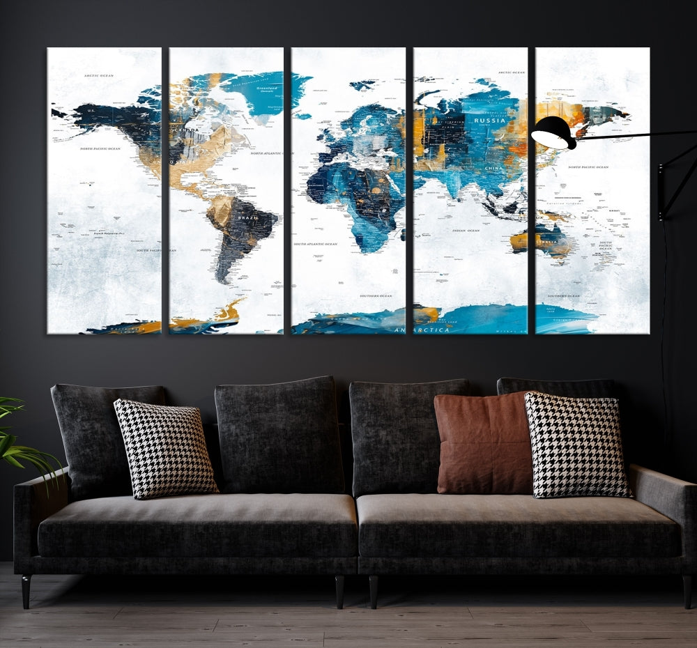 Modern World Map Push Pin Canvas Print Extra Large Adventure Travel Map Wall Art Framed