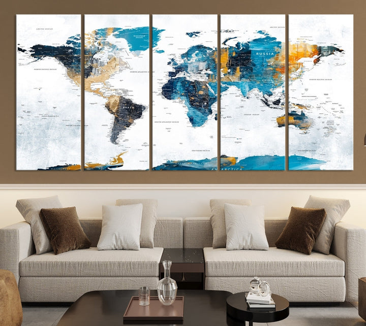 Modern World Map Push Pin Canvas Print Extra Large Adventure Travel Map Wall Art Framed