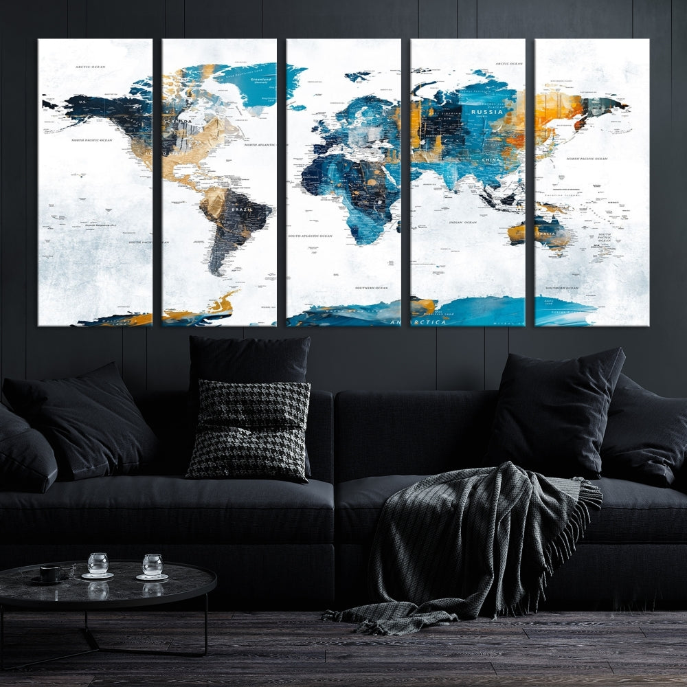 Modern World Map Push Pin Canvas Print Extra Large Adventure Travel Map Wall Art Framed