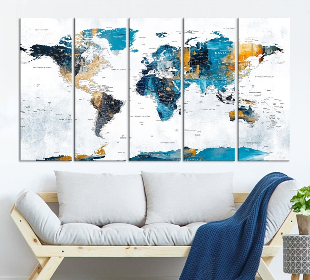 Modern World Map Push Pin Canvas Print Extra Large Adventure Travel Map Wall Art Framed