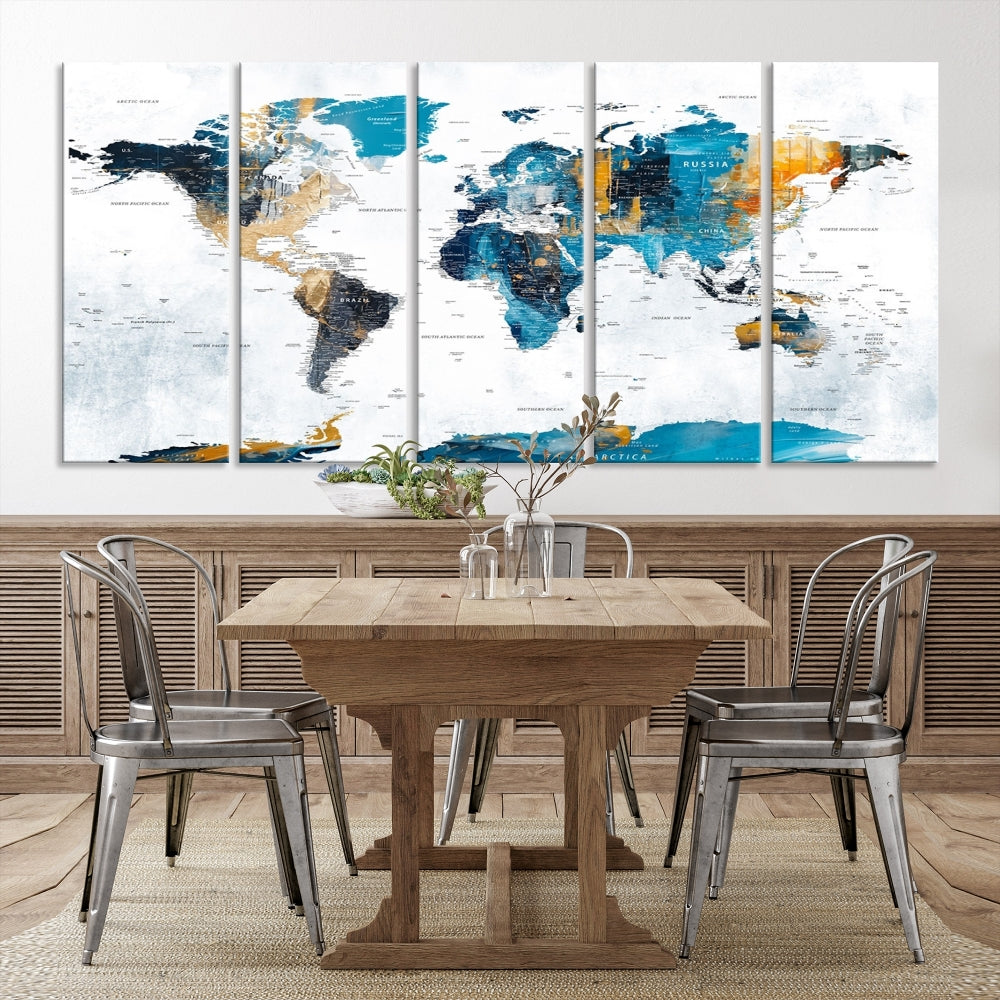 Modern World Map Push Pin Canvas Print Extra Large Adventure Travel Map Wall Art Framed