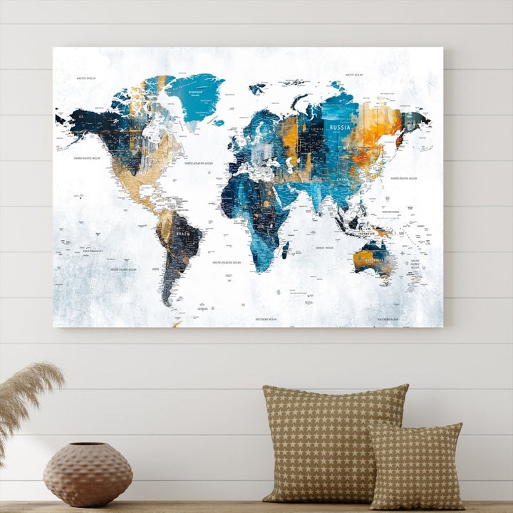 Modern World Map Push Pin Canvas Print Extra Large Adventure Travel Map Wall Art Framed