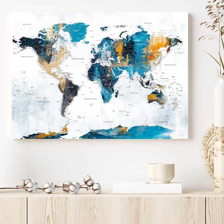 Modern World Map Push Pin Canvas Print Extra Large Adventure Travel Map Wall Art Framed