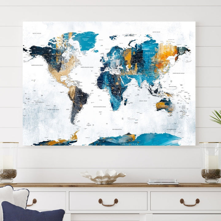 Modern World Map Push Pin Canvas Print Extra Large Adventure Travel Map Wall Art Framed