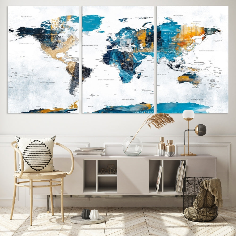 Modern World Map Push Pin Canvas Print Extra Large Adventure Travel Map Wall Art Framed