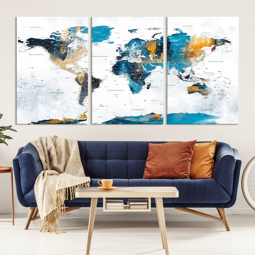 Modern World Map Push Pin Canvas Print Extra Large Adventure Travel Map Wall Art Framed