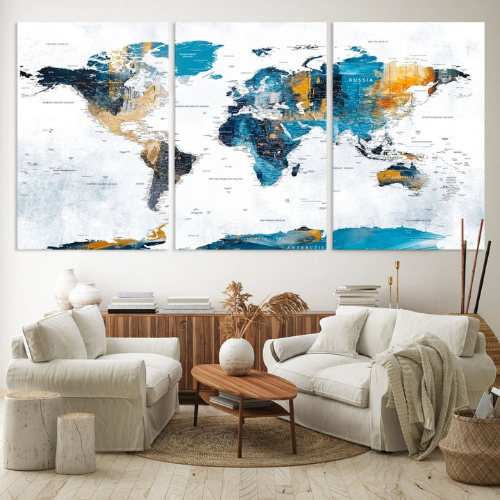 Modern World Map Push Pin Canvas Print Extra Large Adventure Travel Map Wall Art Framed