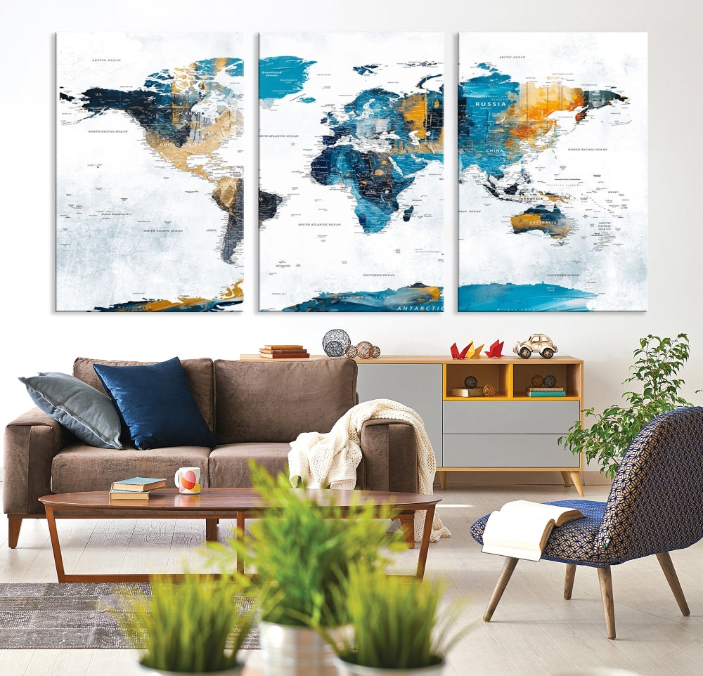 Modern World Map Push Pin Canvas Print Extra Large Adventure Travel Map Wall Art Framed