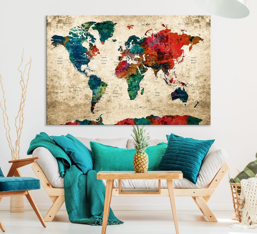 Modern World Map Wall Art, Detailed Map with Country Names, Custom World Map Canvas Print, Set of Panel