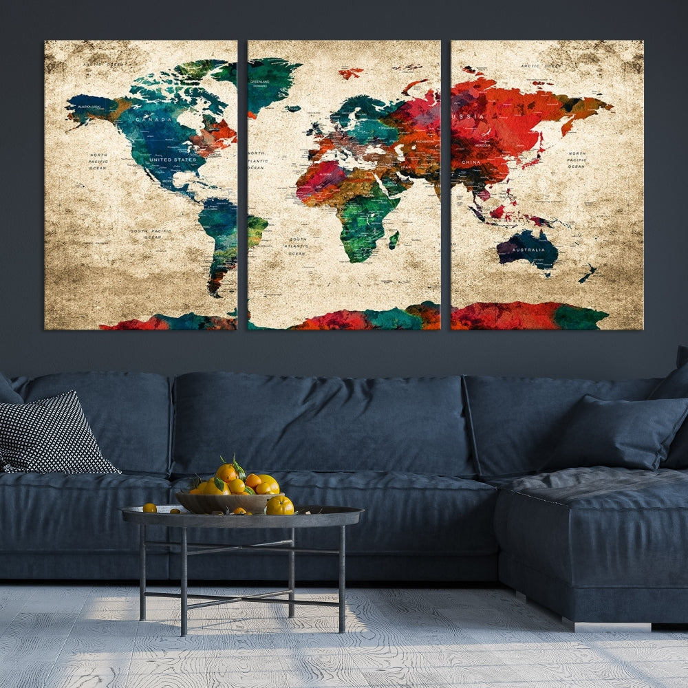 Modern World Map Wall Art, Detailed Map with Country Names, Custom World Map Canvas Print, Set of Panel