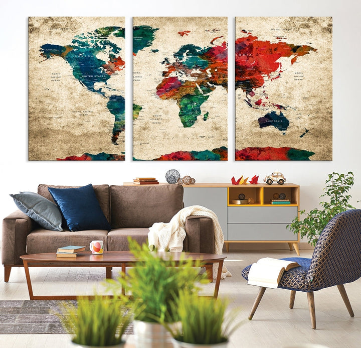 Modern World Map Wall Art, Detailed Map with Country Names, Custom World Map Canvas Print, Set of Panel