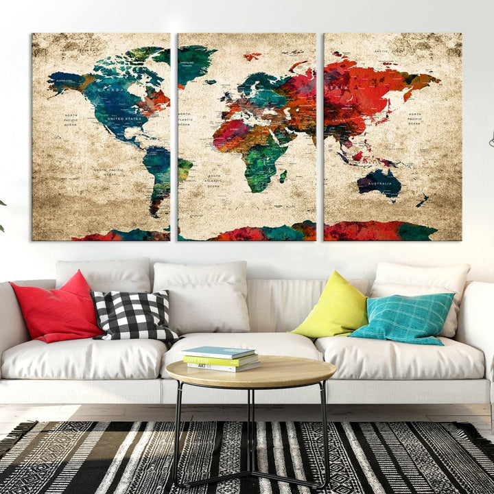 Modern World Map Wall Art, Detailed Map with Country Names, Custom World Map Canvas Print, Set of Panel