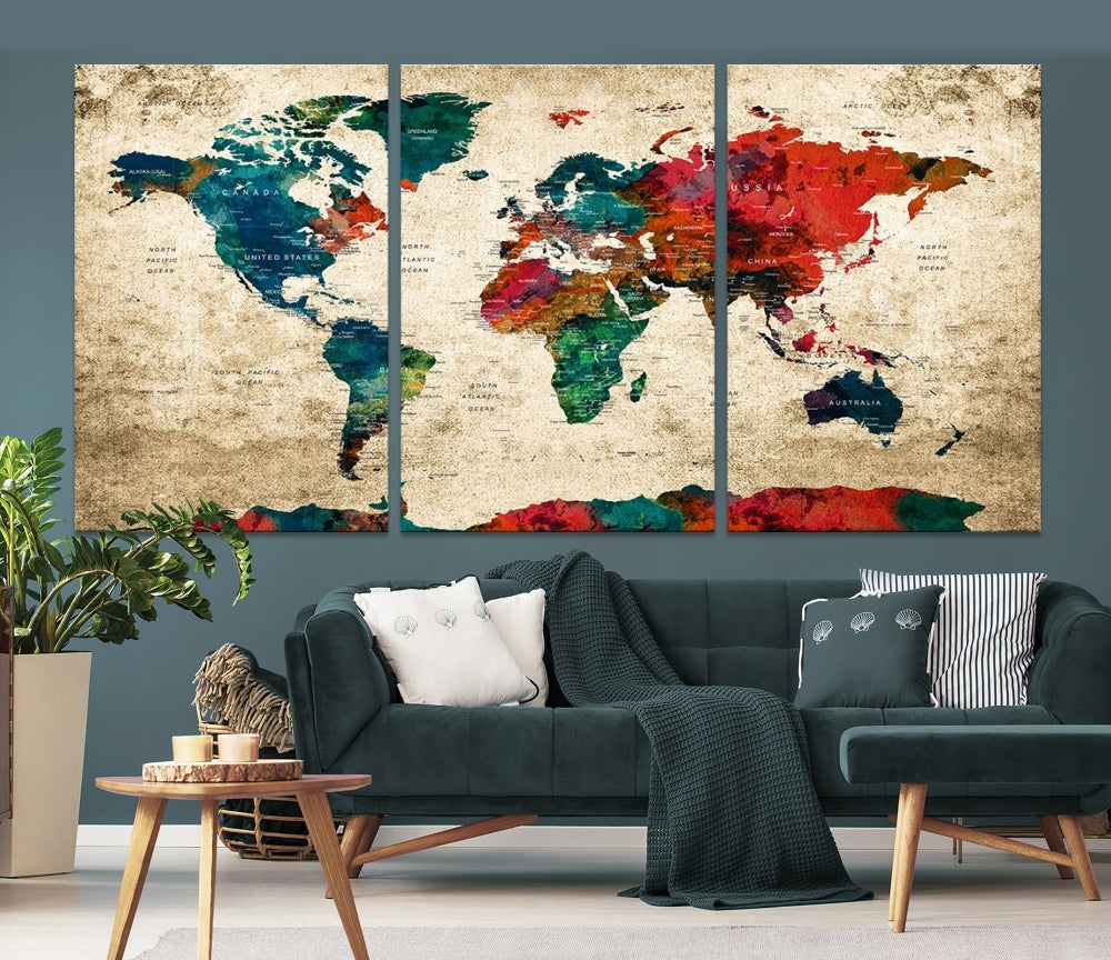 Modern World Map Wall Art, Detailed Map with Country Names, Custom World Map Canvas Print, Set of Panel