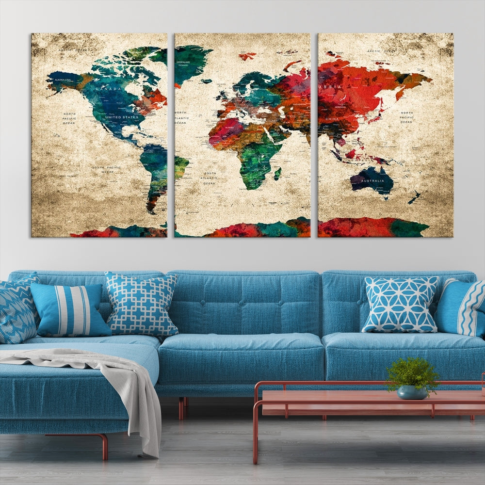 Modern World Map Wall Art, Detailed Map with Country Names, Custom World Map Canvas Print, Set of Panel