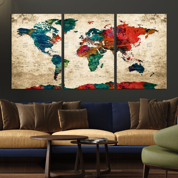 Modern World Map Wall Art, Detailed Map with Country Names, Custom World Map Canvas Print, Set of Panel