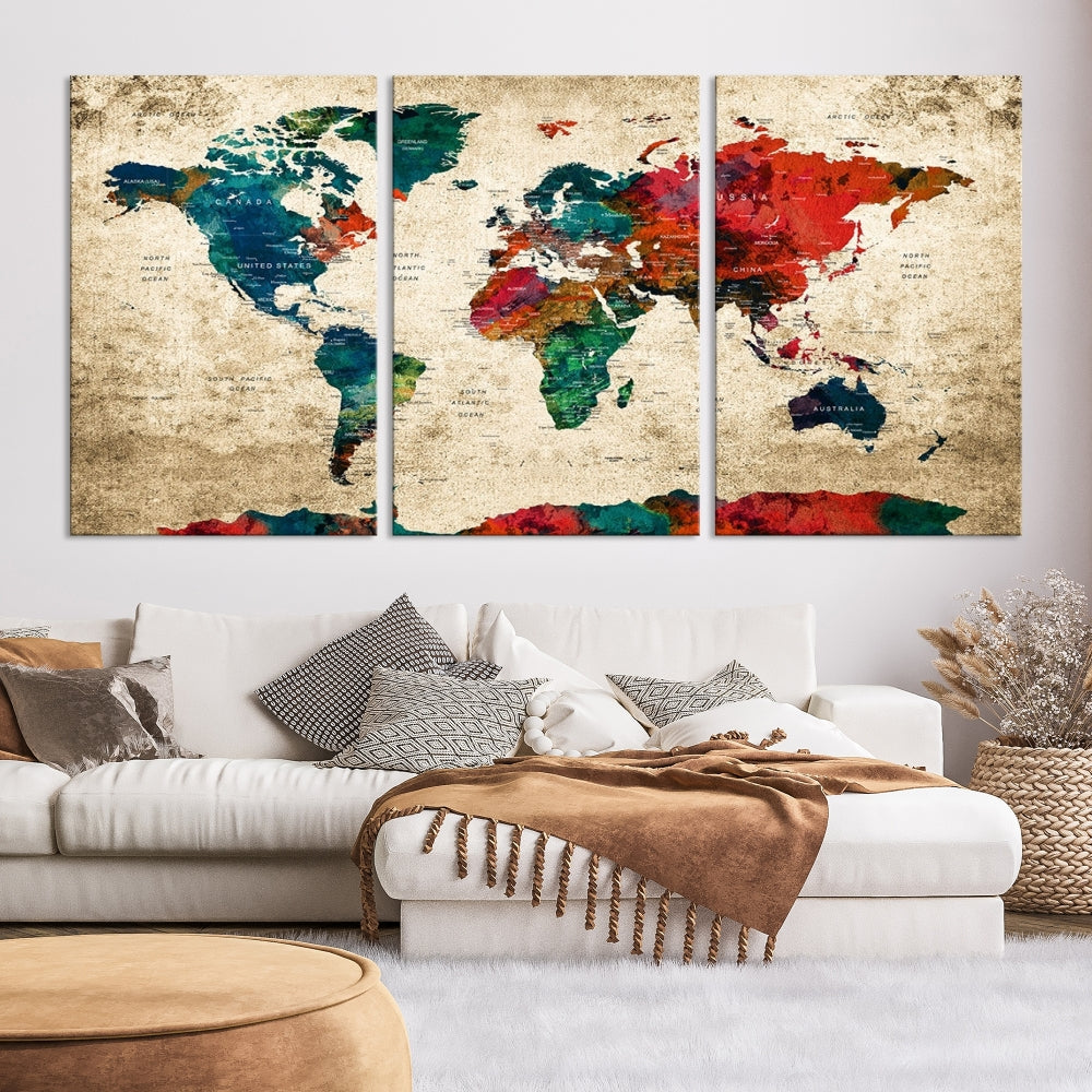 Modern World Map Wall Art, Detailed Map with Country Names, Custom World Map Canvas Print, Set of Panel