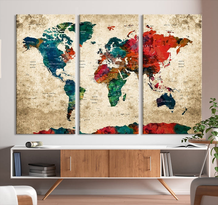 Modern World Map Wall Art, Detailed Map with Country Names, Custom World Map Canvas Print, Set of Panel